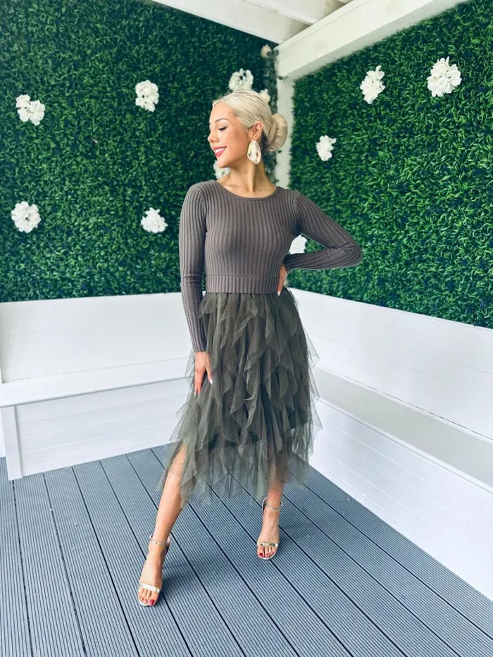 Sami Knit and Tulle Dress Khaki Womens Canella Lane Evening Dress