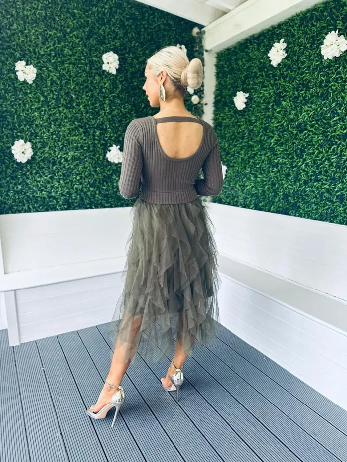 Sami Knit and Tulle Dress Khaki Womens Canella Lane Evening Dress