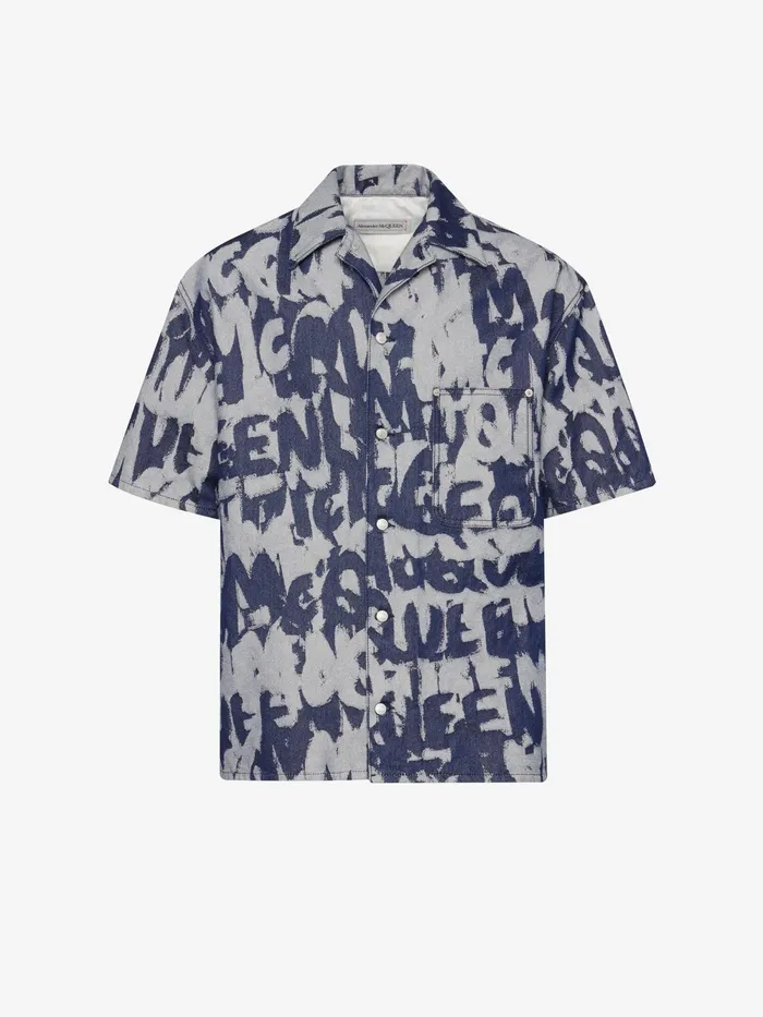 Shirts Men Alexander McQueen Mcqueen Graffiti Hawaiian Denim Shirt Indigo