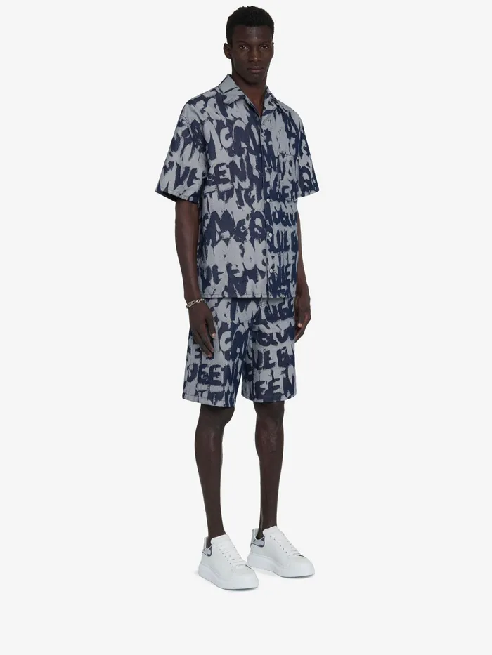 Shirts Men Alexander McQueen Mcqueen Graffiti Hawaiian Denim Shirt Indigo