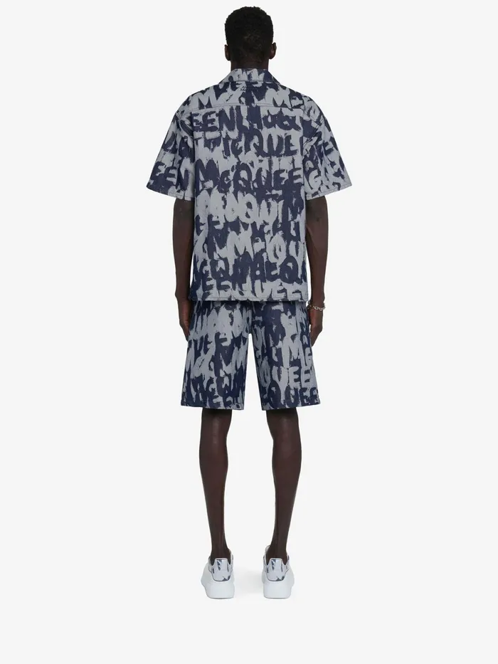 Shirts Men Alexander McQueen Mcqueen Graffiti Hawaiian Denim Shirt Indigo
