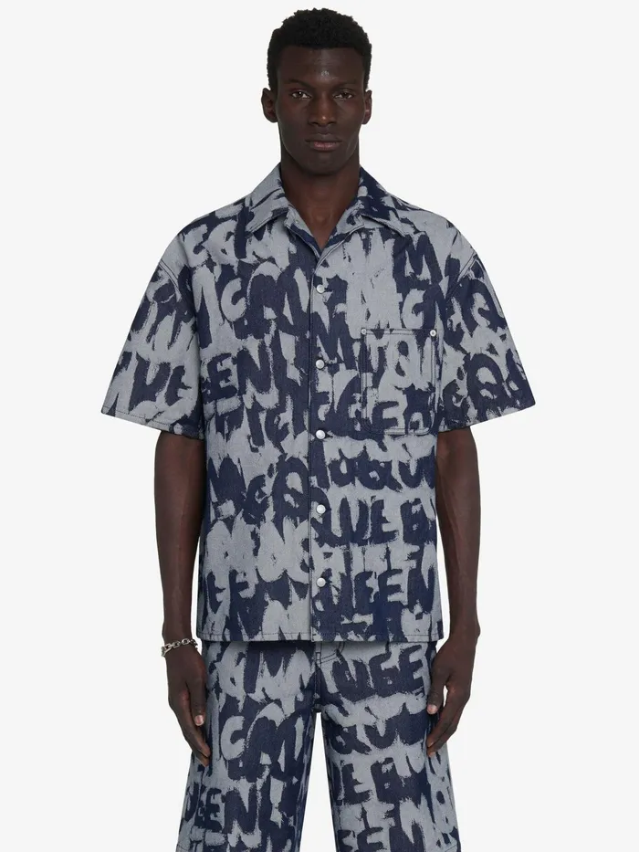 Shirts Men Alexander McQueen Mcqueen Graffiti Hawaiian Denim Shirt Indigo