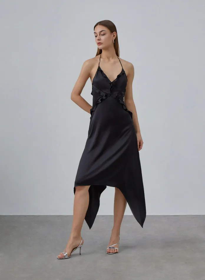 Silk Maison Backless Dresses Ruffled Halter Neck Silk Dress Midnight Black 8211 Women