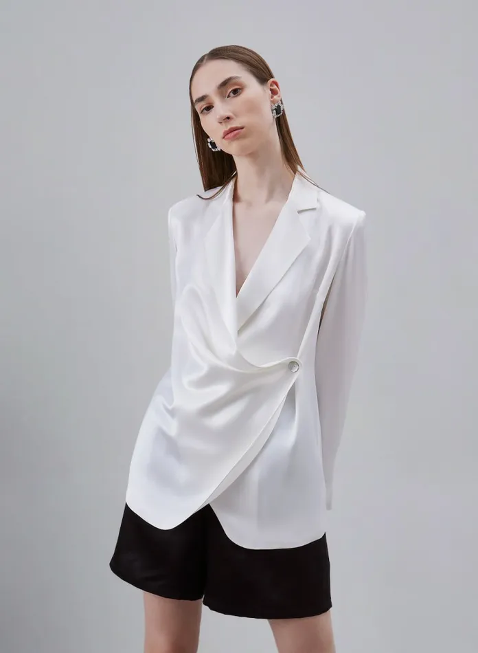 Silk Maison Blazers Surplice Neckline Satin Blazer Pearl White 8211 Women