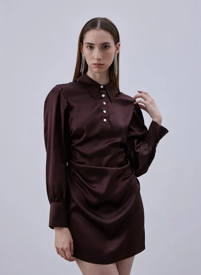 Silk Maison Cowl Neck Dresses Back Cutout Silk Shirt Dress Chocolate 8211 Women