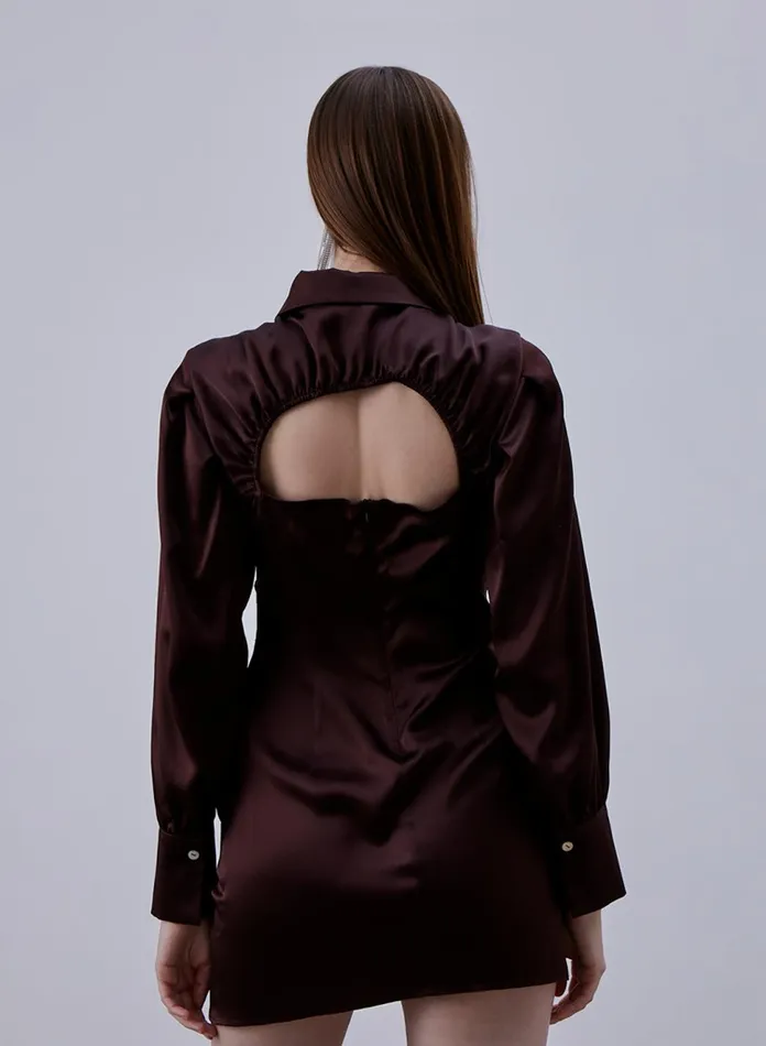 Silk Maison Cowl Neck Dresses Back Cutout Silk Shirt Dress Chocolate 8211 Women