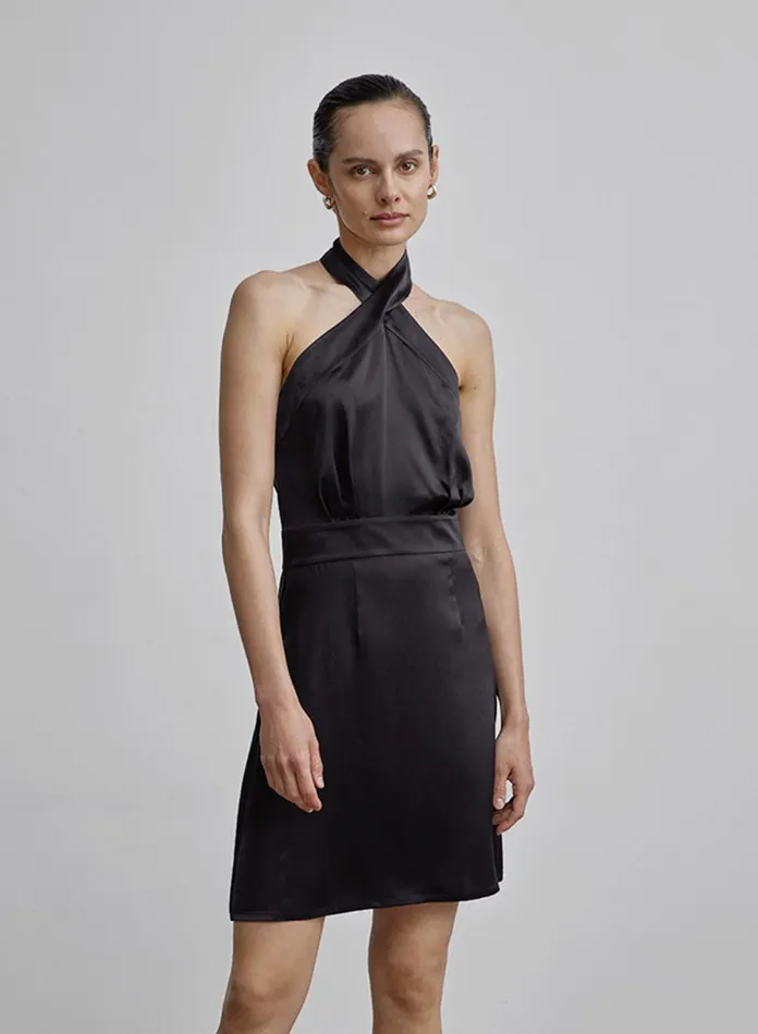 Silk Maison Halter Dresses Cross Halter ALine Mini Silk Dress Midnight Black 8211 Women Silk Maison Halter Dresses Cross Halter ALine Mini Silk Dress Midnight Black 8211 Women