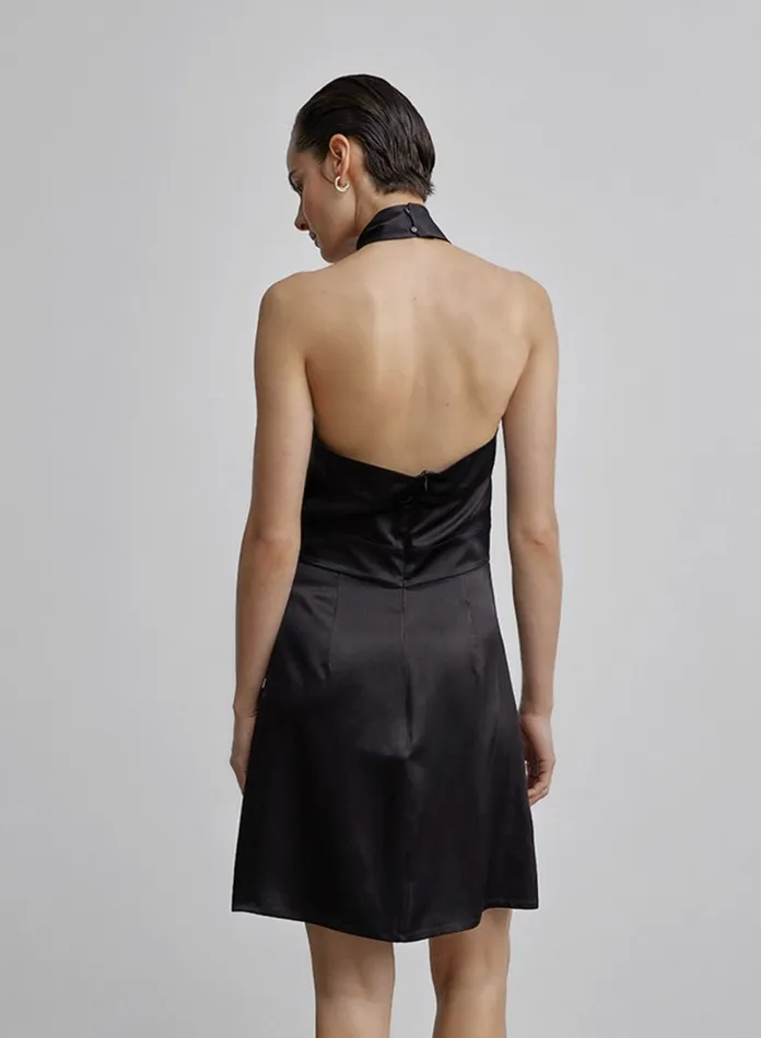 Silk Maison Halter Dresses Cross Halter ALine Mini Silk Dress Midnight Black 8211 Women