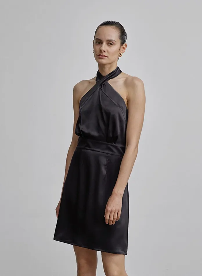 Silk Maison Halter Dresses Cross Halter ALine Mini Silk Dress Midnight Black 8211 Women