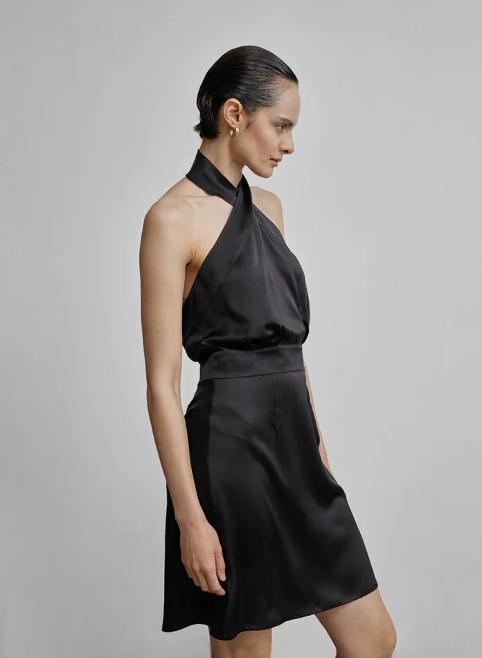 Silk Maison Halter Dresses Cross Halter ALine Mini Silk Dress Midnight Black 8211 Women