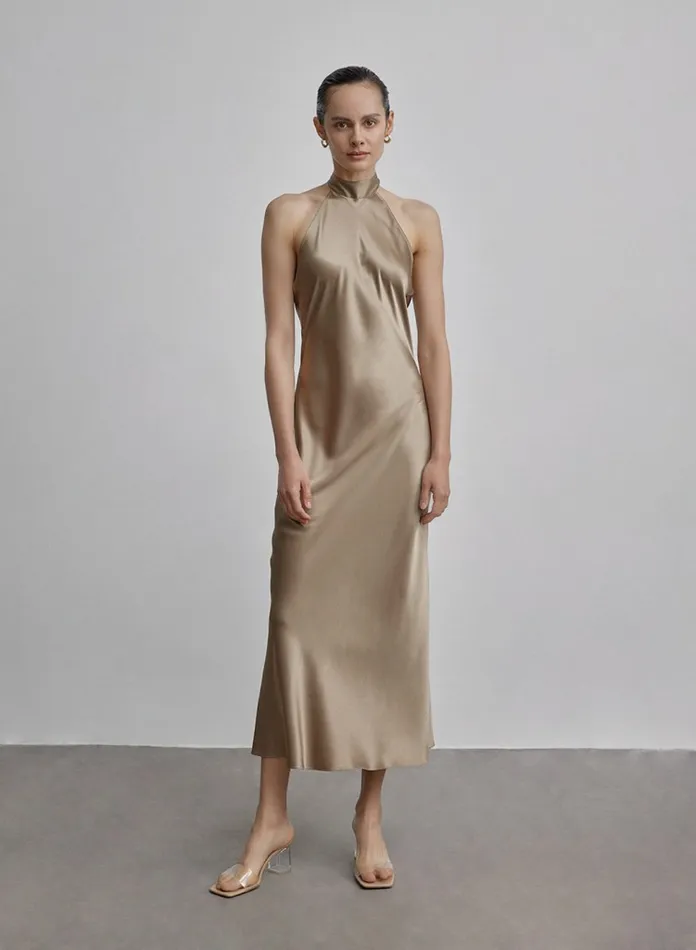 Silk Maison Halter Dresses French Bow Halterneck Silk Maxi Dress Champagne 8211 Women