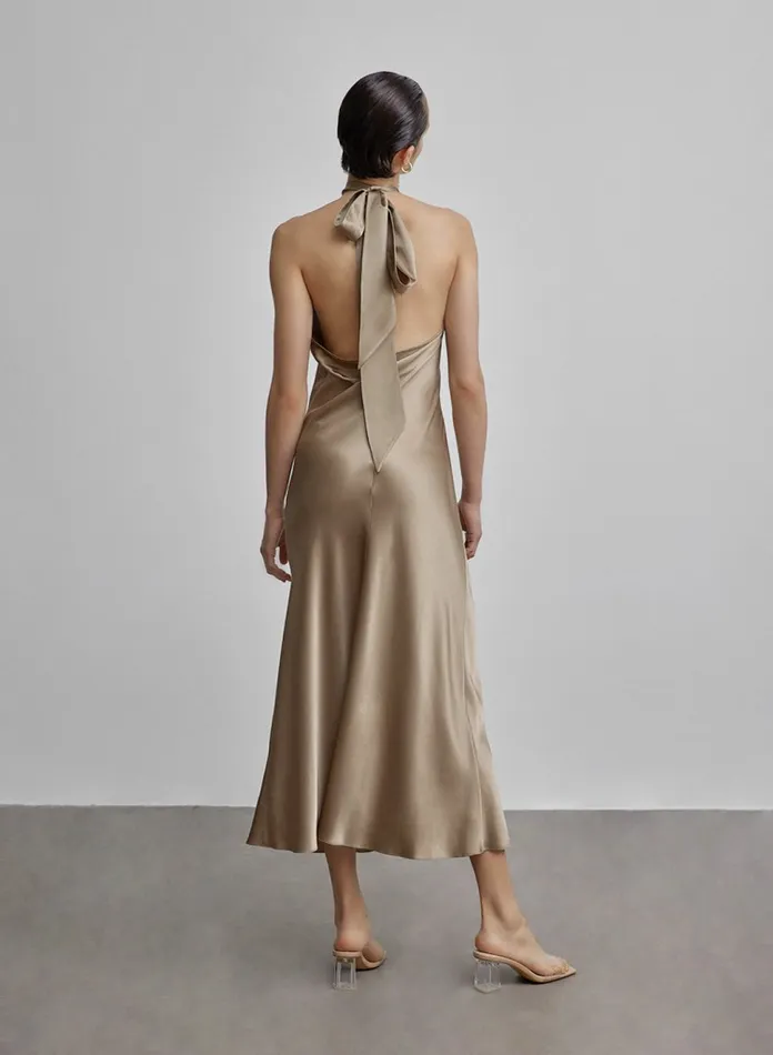Silk Maison Halter Dresses French Bow Halterneck Silk Maxi Dress Champagne 8211 Women