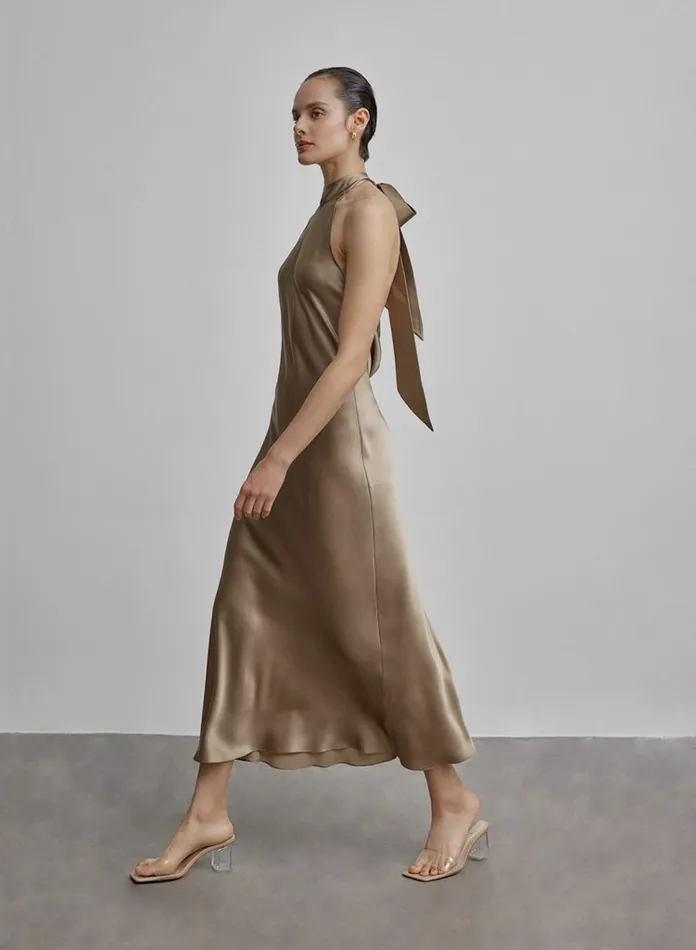 Silk Maison Halter Dresses French Bow Halterneck Silk Maxi Dress Champagne 8211 Women