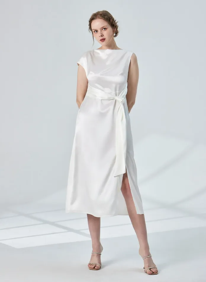 Silk Maison Jumpsuits Asymmetric Shoulder Satin Midi Dress Pearl White 8211 Women