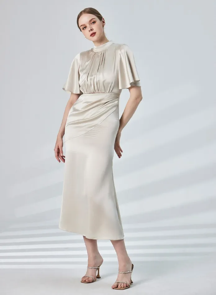 Silk Maison Jumpsuits Butterfly Sleeve Silk Midi Dress Silver White 8211 Women