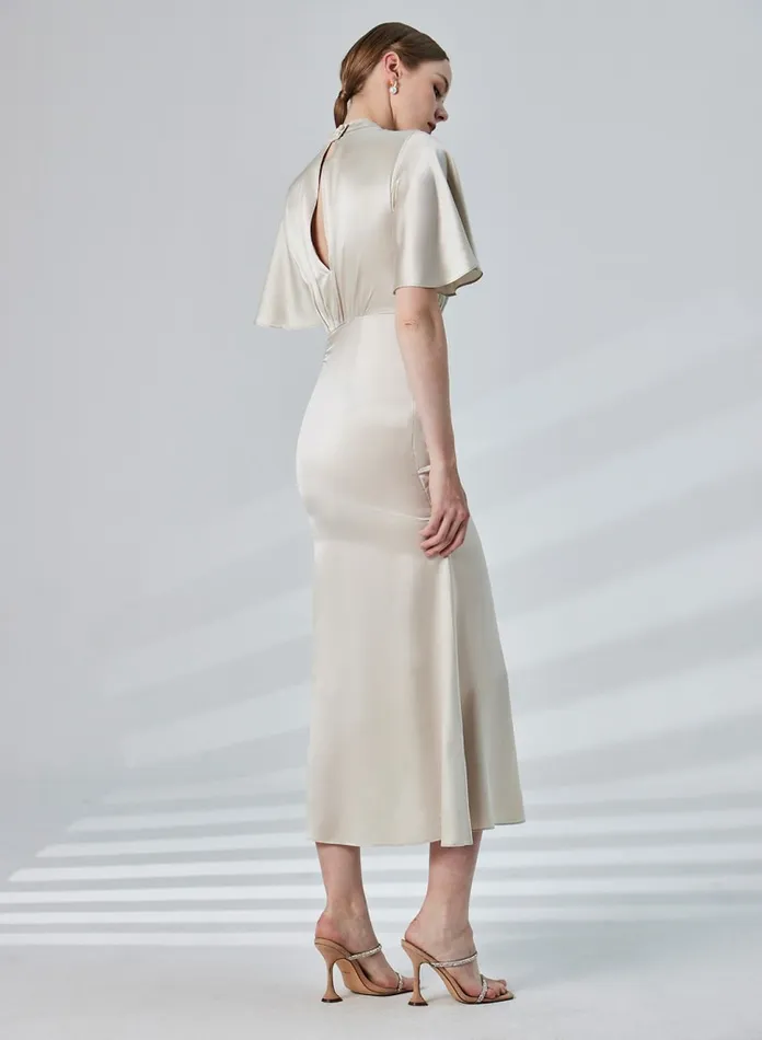 Silk Maison Jumpsuits Butterfly Sleeve Silk Midi Dress Silver White 8211 Women