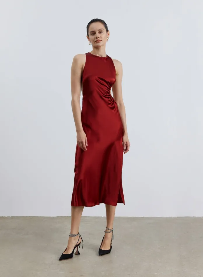 Silk Maison Jumpsuits Side Drawstring Open Back Silk Dress Burgundy 8211 Women