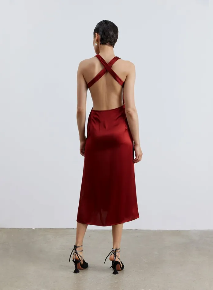 Silk Maison Jumpsuits Side Drawstring Open Back Silk Dress Burgundy 8211 Women