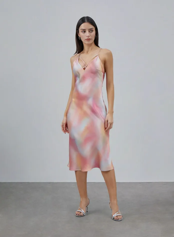 Silk Maison Jumpsuits Vneck Cross Strap Midi Silk Slip Dress Rainbow Pink 8211 Women