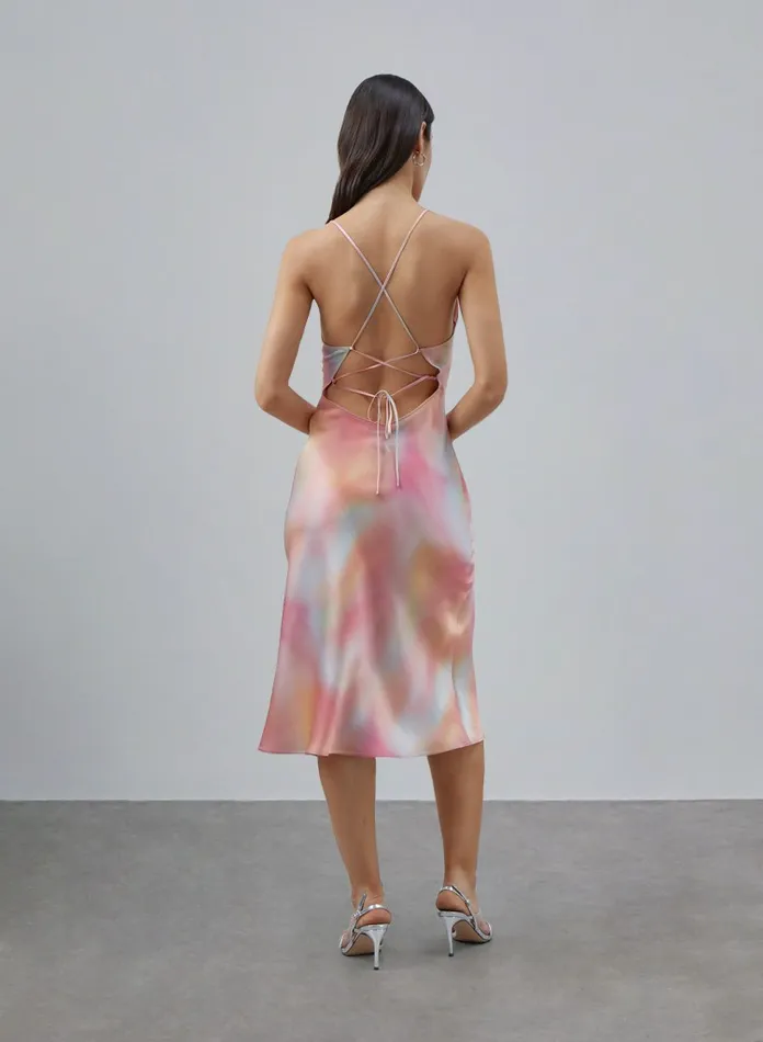 Silk Maison Jumpsuits Vneck Cross Strap Midi Silk Slip Dress Rainbow Pink 8211 Women