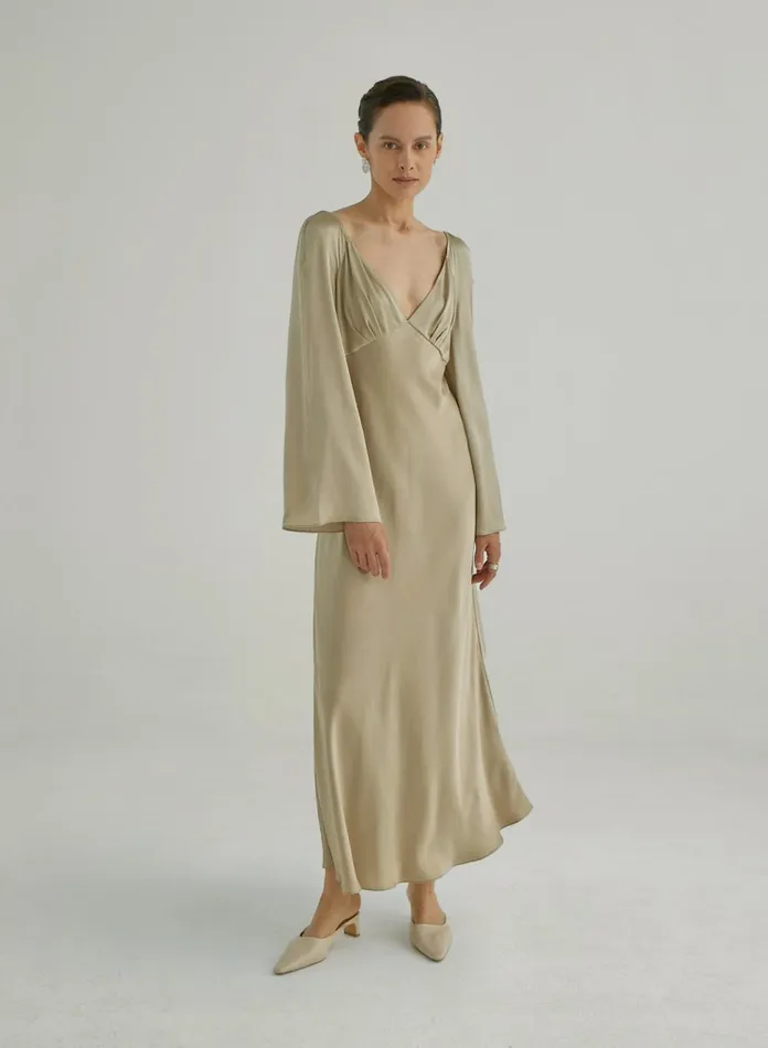 Silk Maison Maxi Dresses BackTie Flared Maxi Silk Dress Champagne 8211 Women