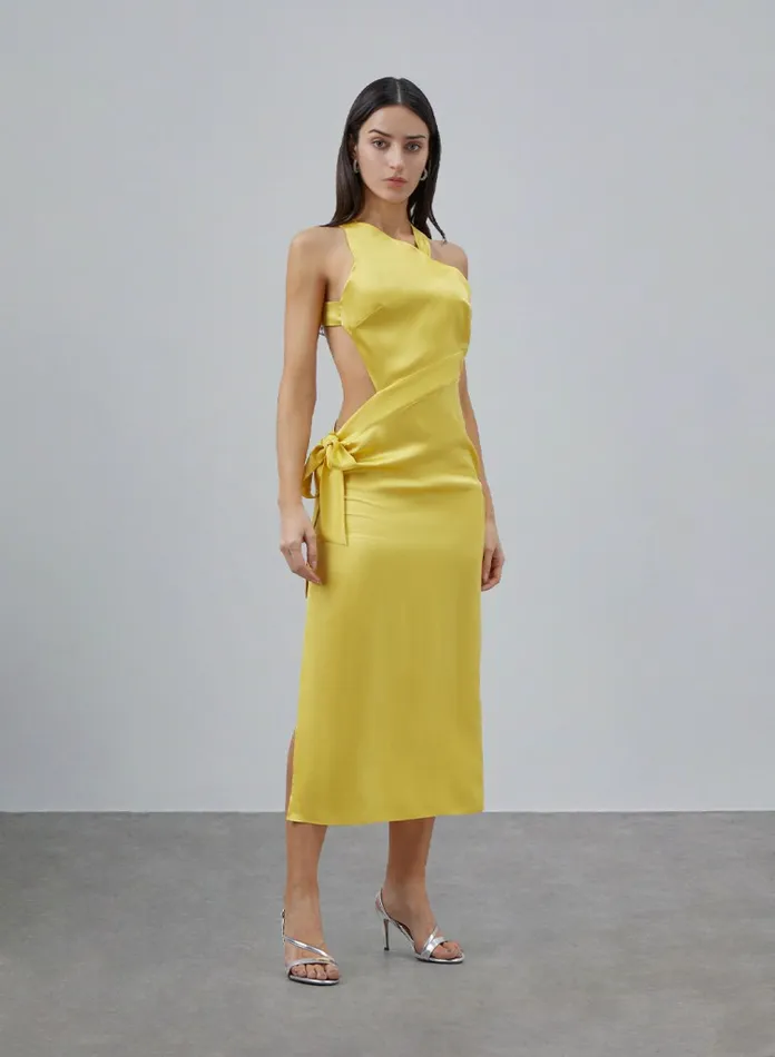 Silk Maison Maxi Dresses Side Slit Ribbon Silk Maxi Dress Bright Yellow 8211 Women