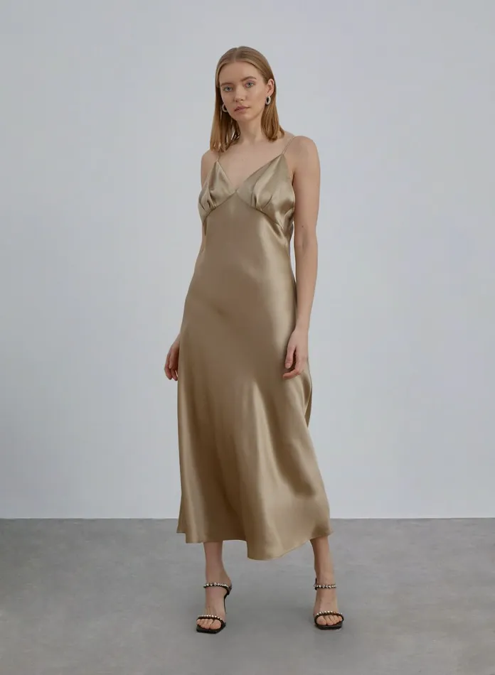 Silk Maison Maxi Dresses VNeck Ruched Silk Slip Dress Champagne 8211 Women