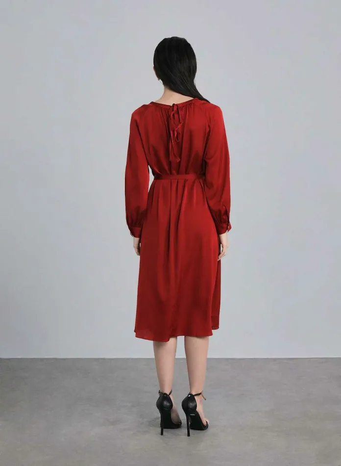 Silk Maison Midi Dresses Long Sleeve Gathered Silk Dress Burgundy 8211 Women
