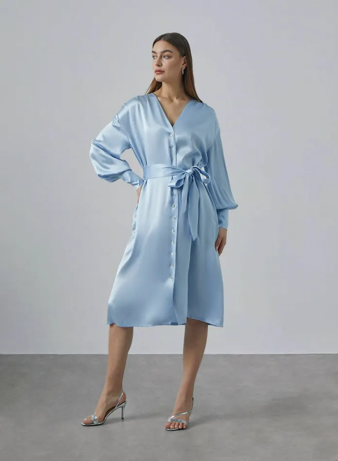 Silk Maison Midi Dresses Vneck Waistband Pleated Sleeve Silk Dress Baby Blue 8211 Women