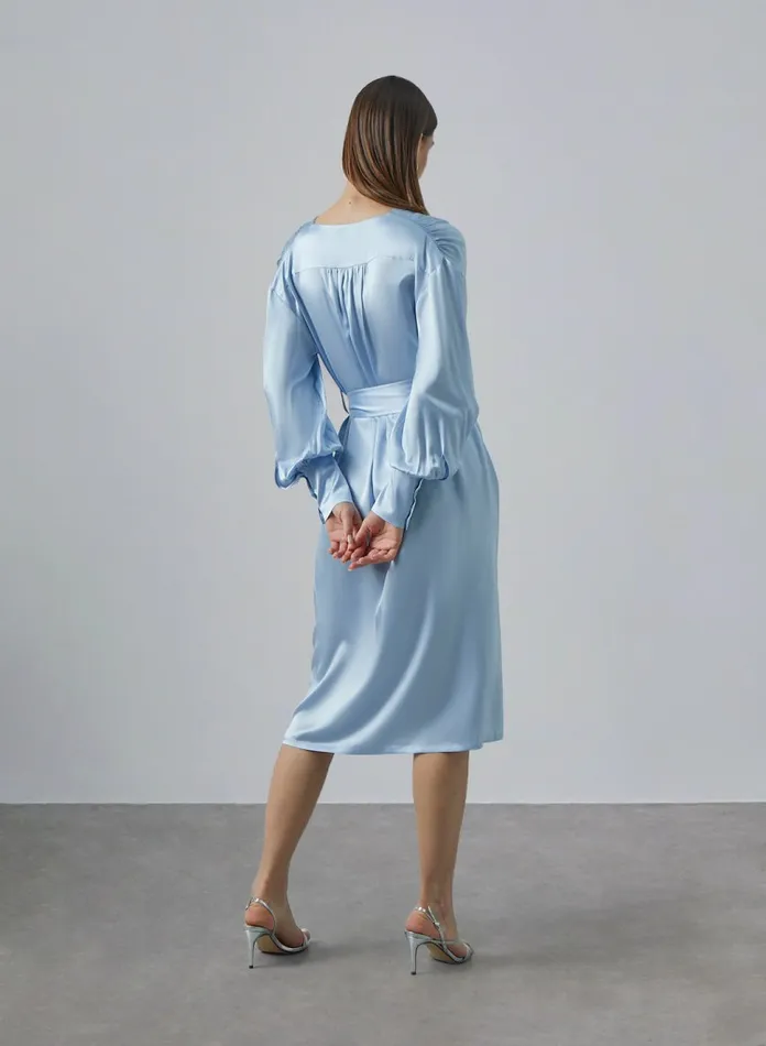 Silk Maison Midi Dresses Vneck Waistband Pleated Sleeve Silk Dress Baby Blue 8211 Women