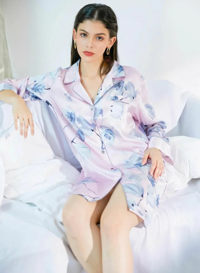 Silk Maison Mini Dresses Womens Printed Silk Shirt Nightgown MistyRose 8211 Women