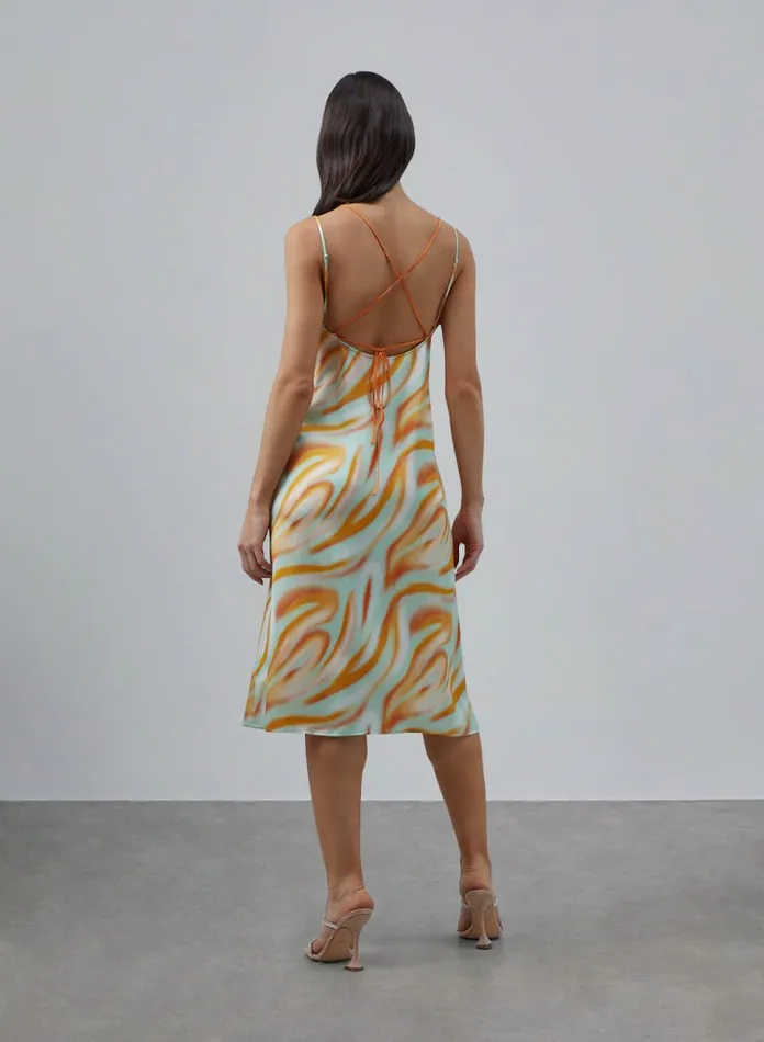 Silk Maison Prints and Patterns Double Straps Print Midi Silk Slip Dress Summer Orange 8211 Women