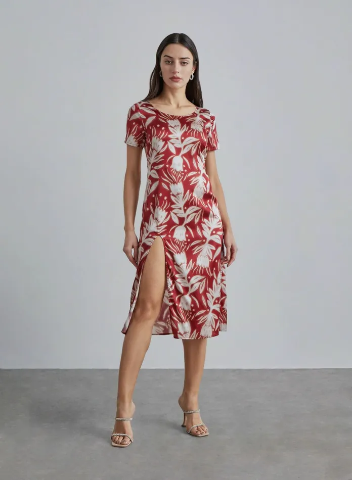 Silk Maison Prints and Patterns Side Slit Open Back Silk Dress Floral Red 8211 Women