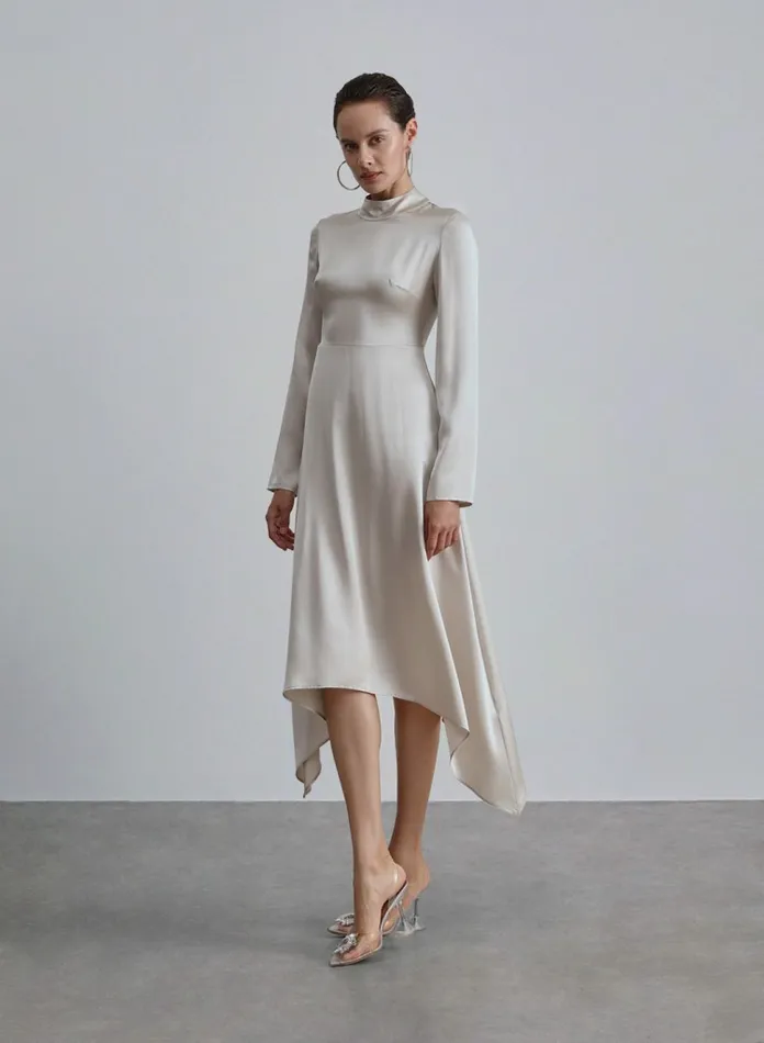 Silk Maison Shirt Dresses Turtle Neck High Low Hem Silk Dress Silver White 8211 Women