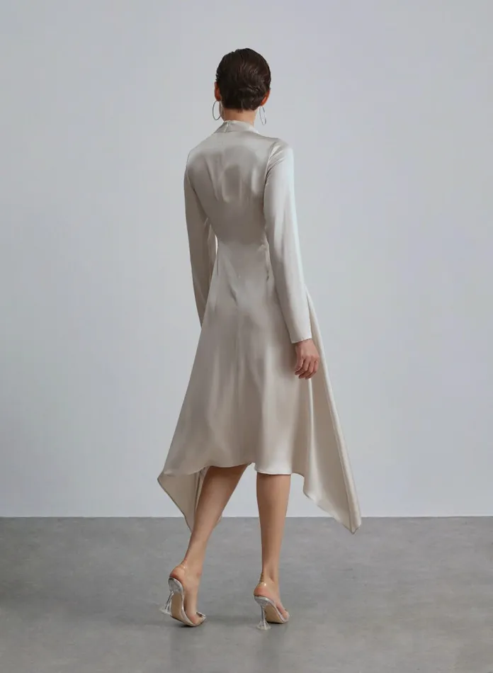Silk Maison Shirt Dresses Turtle Neck High Low Hem Silk Dress Silver White 8211 Women