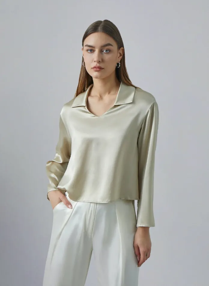 Silk Maison Shirts Airy Lapel Silk Blouse Beige 8211 Women