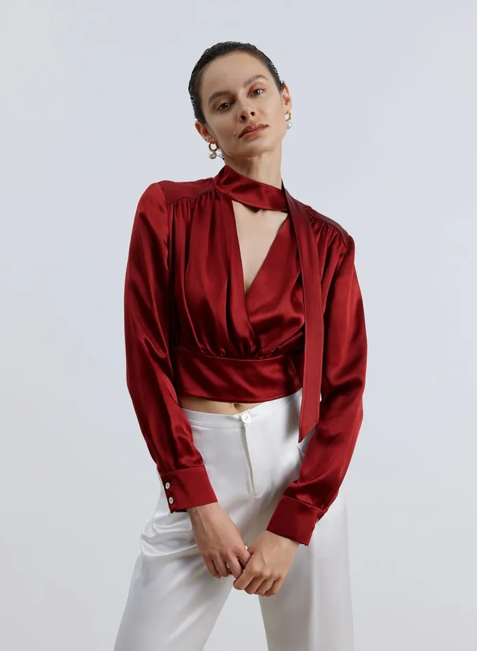 Silk Maison Shirts Around Necktie Silk Blouse Burgundy 8211 Women