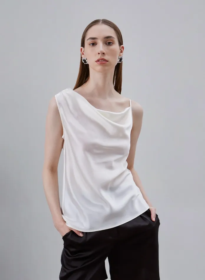 Silk Maison Shirts Asymmetrical Neck Draped Silk Top Ivory 8211 Women