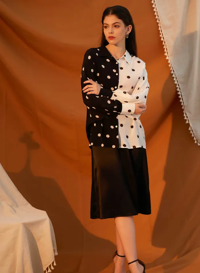 Silk Maison Shirts Double Pleated Contrast Polka Dot Blouse Black White 8211 Women