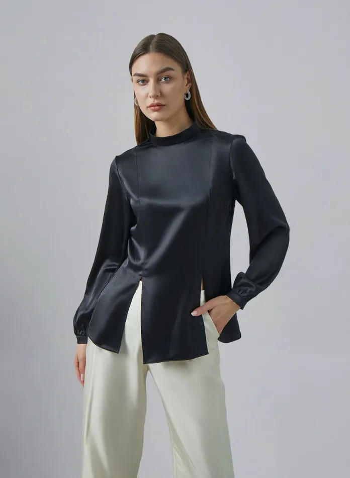 Silk Maison Shirts Double Slit Silk Top Midnight Black 8211 Women