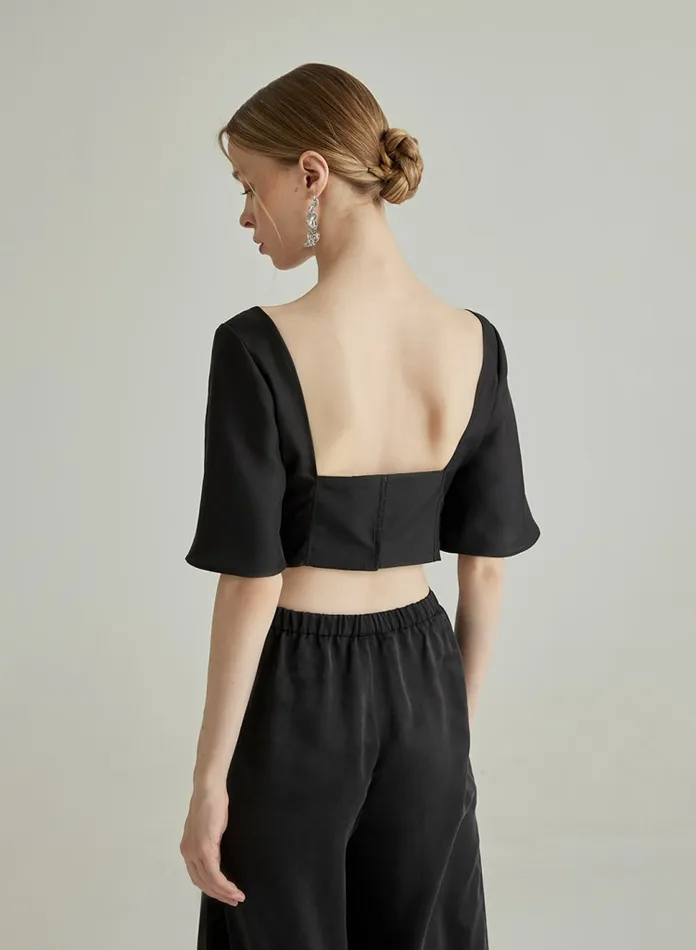 Silk Maison Shirts Flare Mid Sleeve Midriff Top Midnight Black 8211 Women