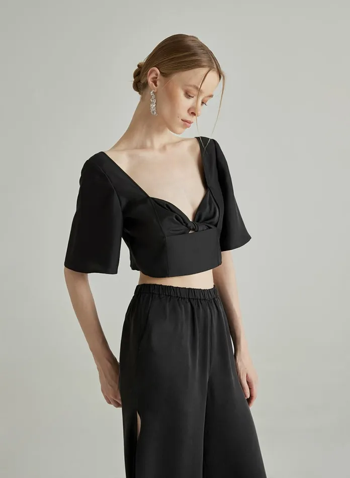Silk Maison Shirts Flare Mid Sleeve Midriff Top Midnight Black 8211 Women