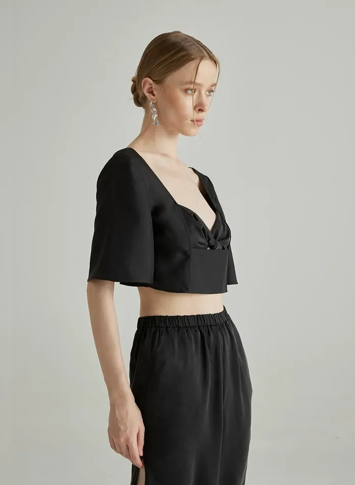 Silk Maison Shirts Flare Mid Sleeve Midriff Top Midnight Black 8211 Women