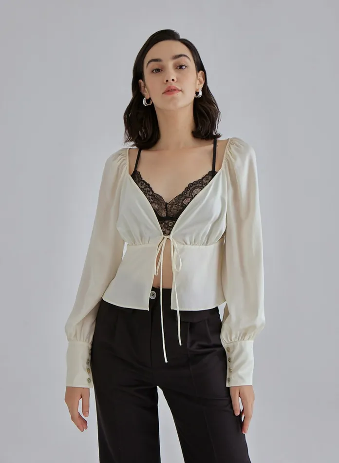 Silk Maison Shirts Gentle Pearl Long Sleeved Silk Top Ivory 8211 Women