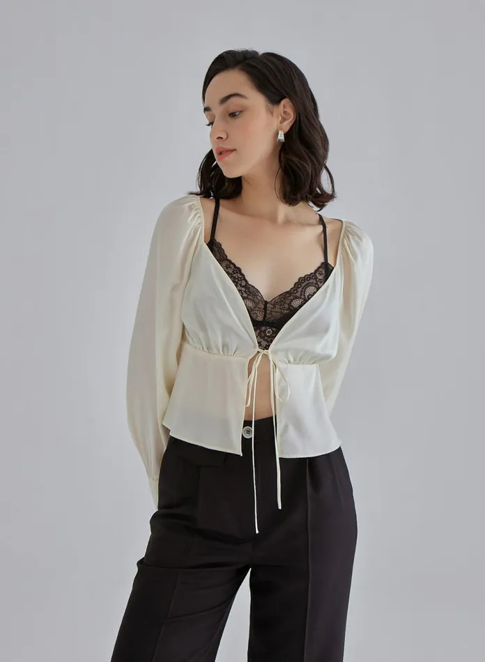 Silk Maison Shirts Gentle Pearl Long Sleeved Silk Top Ivory 8211 Women