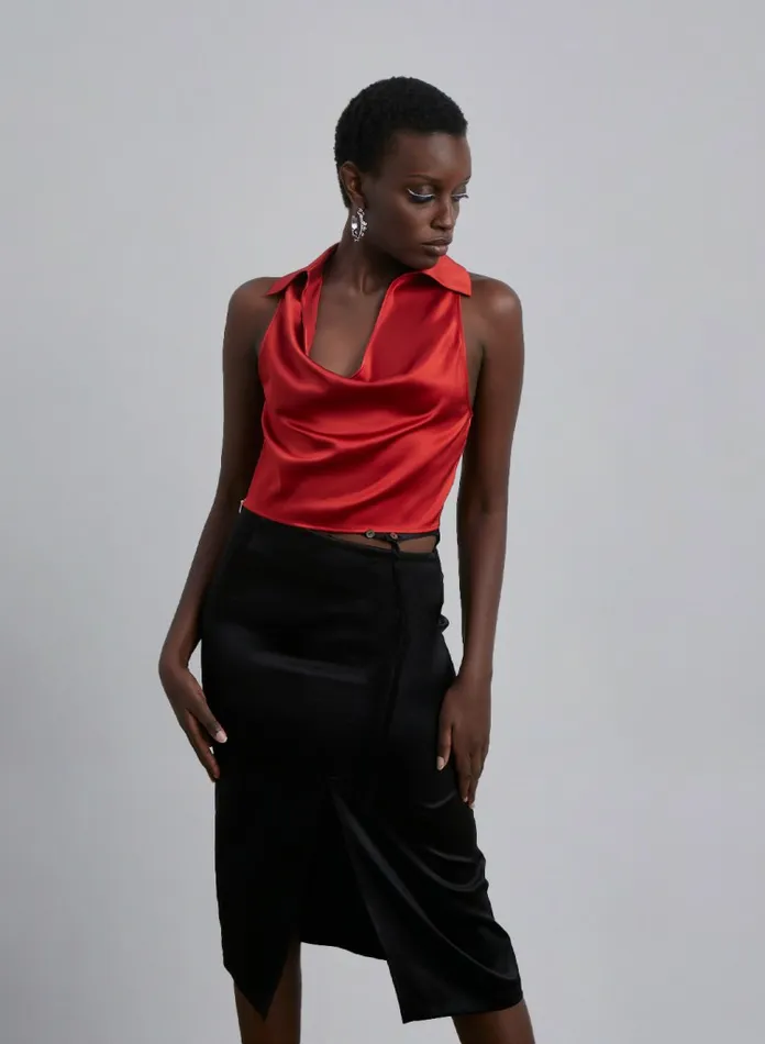 Silk Maison Shirts Polo Collar Silk Sleeveless Shirt Scarlet Red 8211 Women