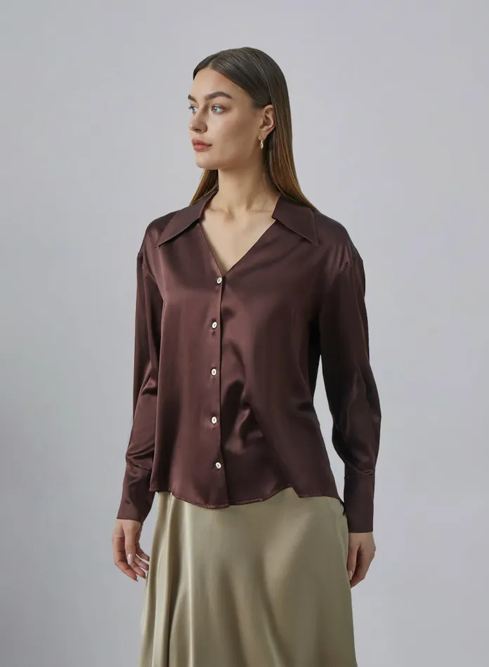 Silk Maison Shirts Rhombic Lapel Silk Blouse Chocolate 8211 Women