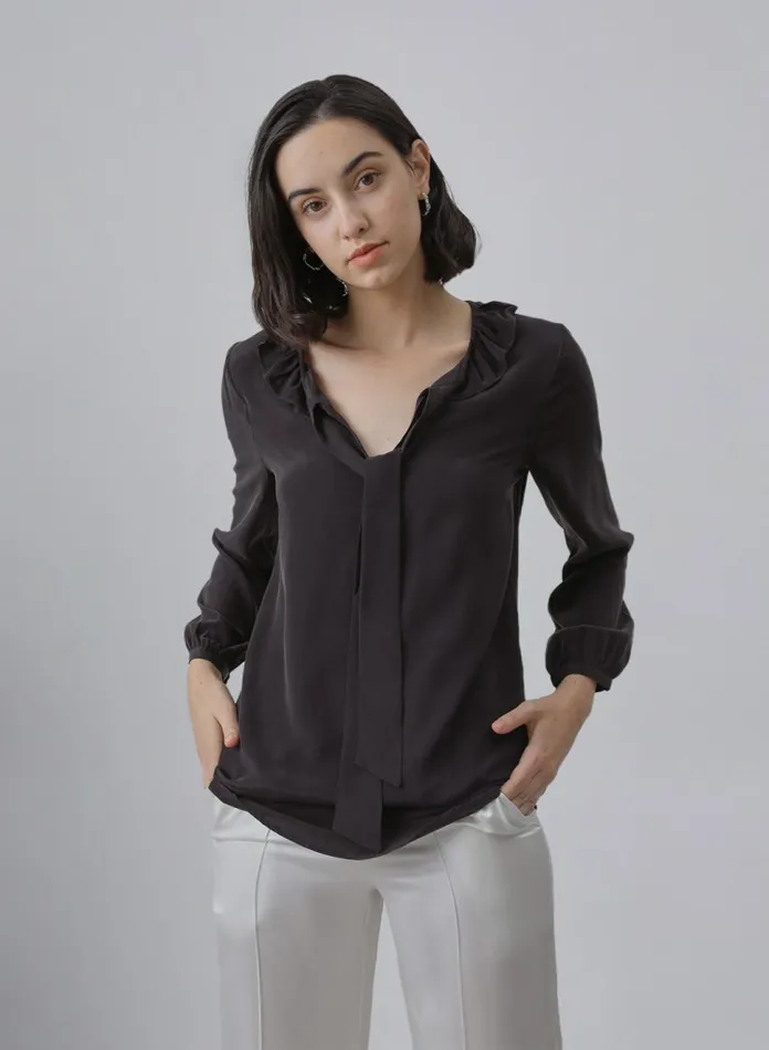 Silk Maison Shirts Straps Decorated Silk Blouse Midnight Black 8211 Women