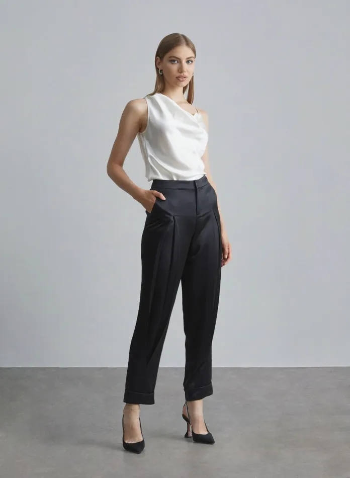 Silk Maison ShortsandPants Classic Cuffed Satin Pants Midnight Black 8211 Women