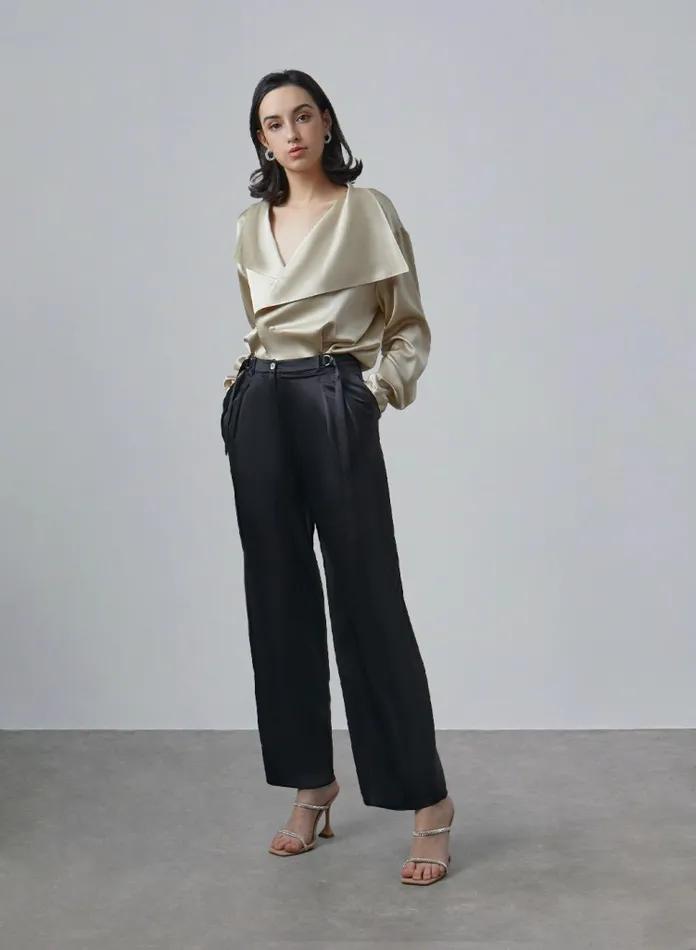 Silk Maison ShortsandPants Double Waist Straight Silk Pants Midnight Black 8211 Women